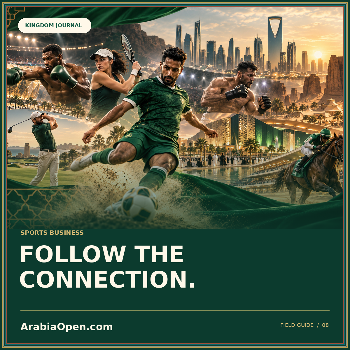 Follow the connection: Saudi-inspired editorial image card with ArabiaOpen.com branding
