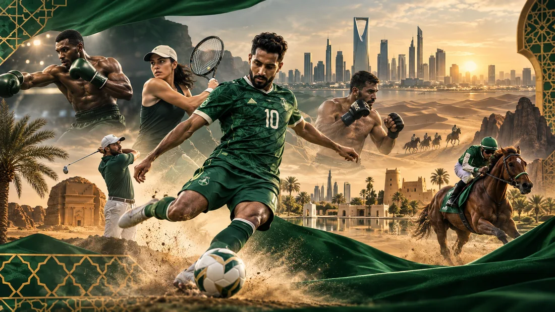 Editorial sports montage in Saudi green and gold, with football, tennis, golf, combat sports and horse racing