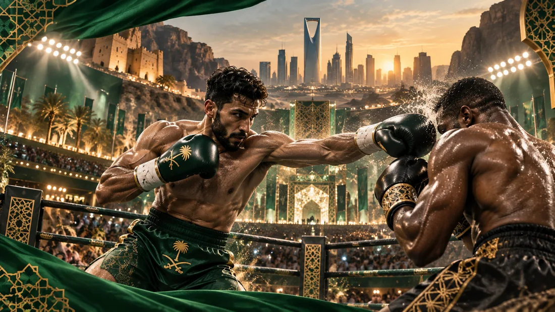 Editorial illustration of two boxers competing in a Saudi-inspired arena