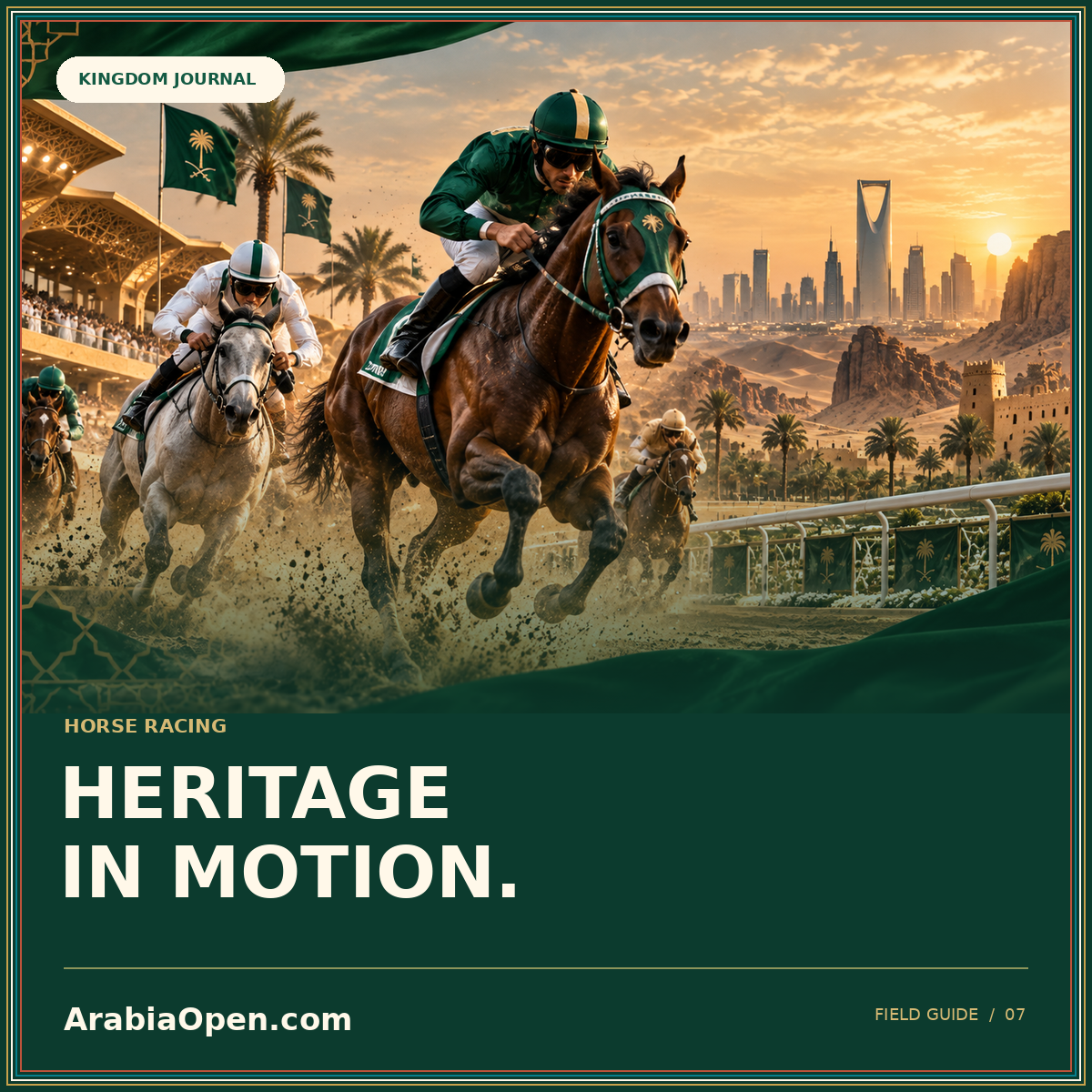 Heritage in motion: Saudi-inspired editorial image card with ArabiaOpen.com branding