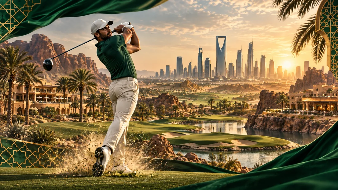 Editorial illustration of a golfer on a Saudi-inspired desert course