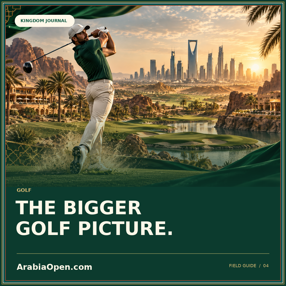 The bigger golf picture: Saudi-inspired editorial image card with ArabiaOpen.com branding