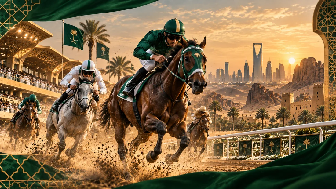 Editorial illustration of jockeys and racehorses in a Saudi-inspired green and gold setting