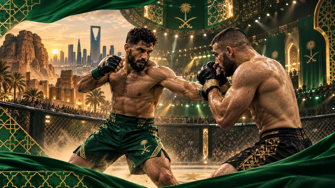 Editorial illustration of two MMA athletes in a green and gold arena