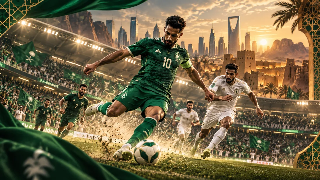 Editorial illustration of footballers in green and white in a Saudi-inspired stadium