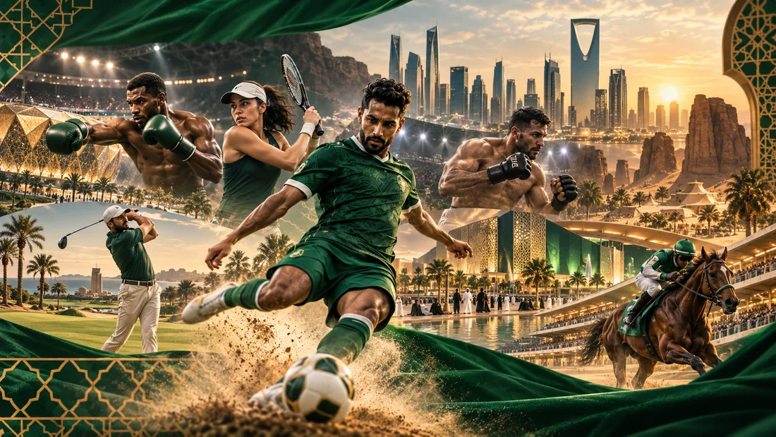 Editorial illustration connecting Saudi sports, arenas and a stylized Riyadh skyline