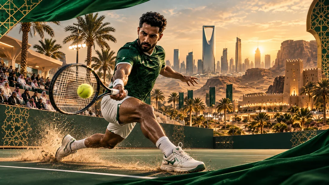 Editorial illustration of a tennis player in Saudi green against a stylized Riyadh skyline