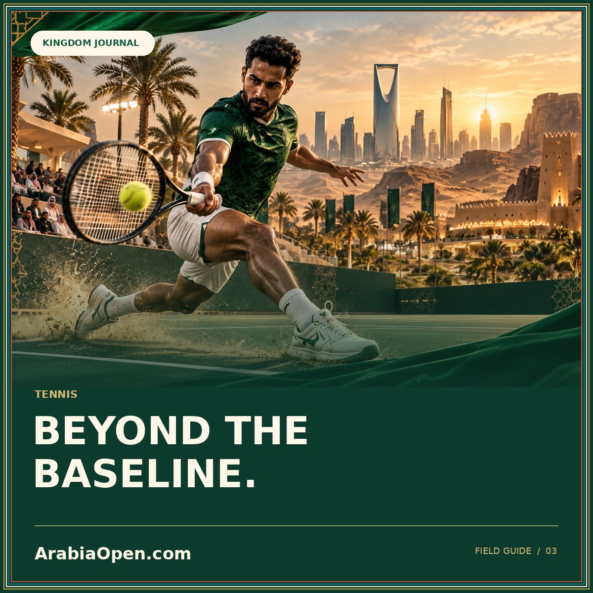 Beyond the baseline: Saudi-inspired editorial image card with ArabiaOpen.com branding